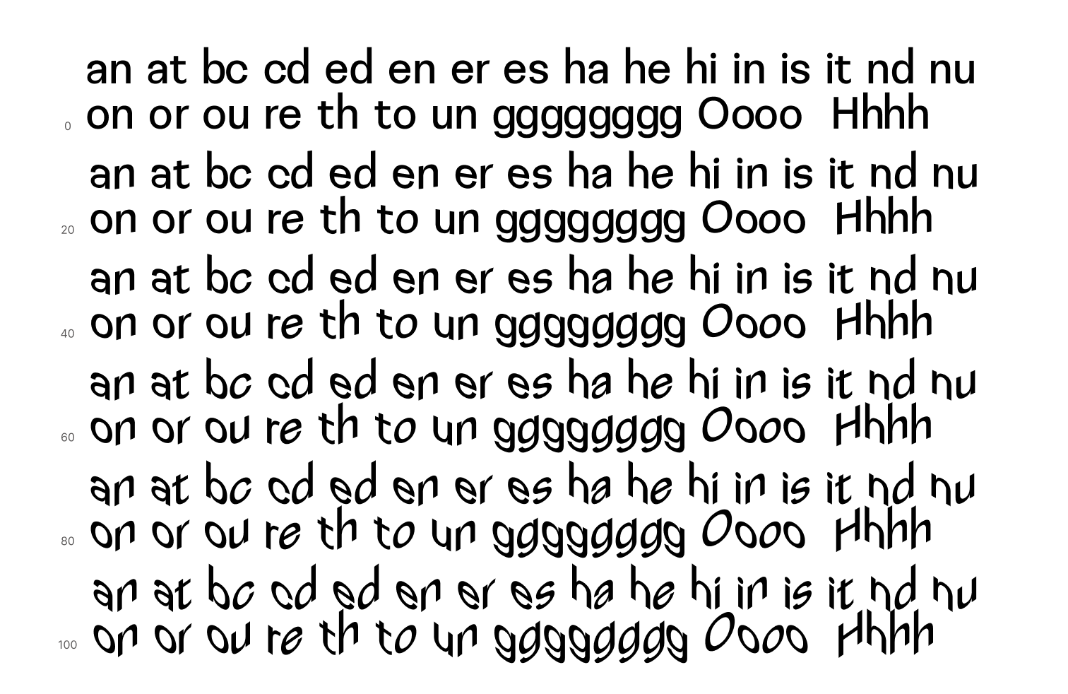 Disorientation Sans VF glyphs along the horizontal advance axis - from 0 (no advance) to 100
                    (max. horizontal advance)